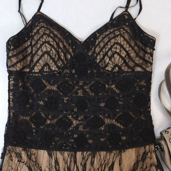 Sue Wong Y2K Black Gold Floral Crochet Lace Tank Midi Slip Dress Size 8 - Picture 7 of 17